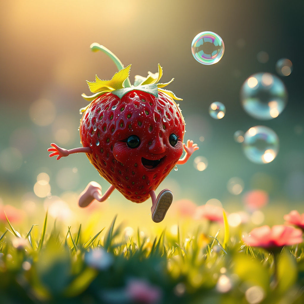 Strawberry Chasing Soap Bubbles in Dreamlike Meadow