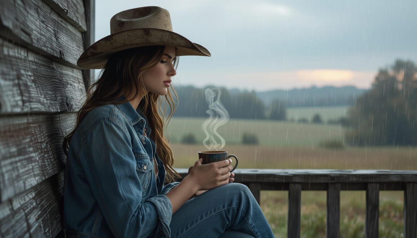 Woman in Cowboy Hat Gazing at Rainy Landscape