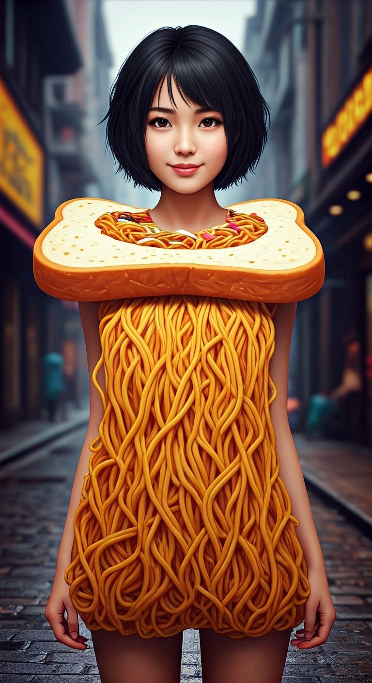 Thai Woman in Yakisoba Bread Onesie, Street Background
