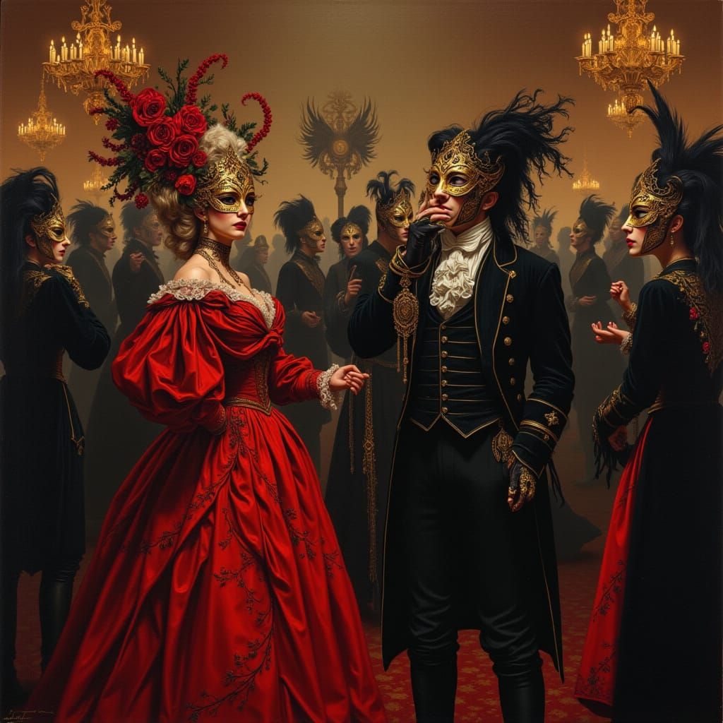 Opulent Masquerade Ball in Dramatic Chiaroscuro Style