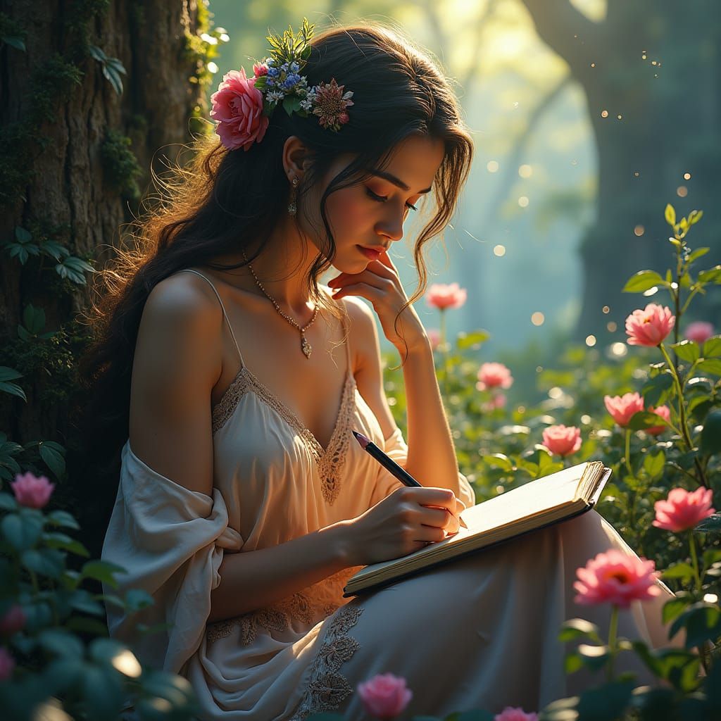 Dreamlike Woman with Journal in Mystical Garden