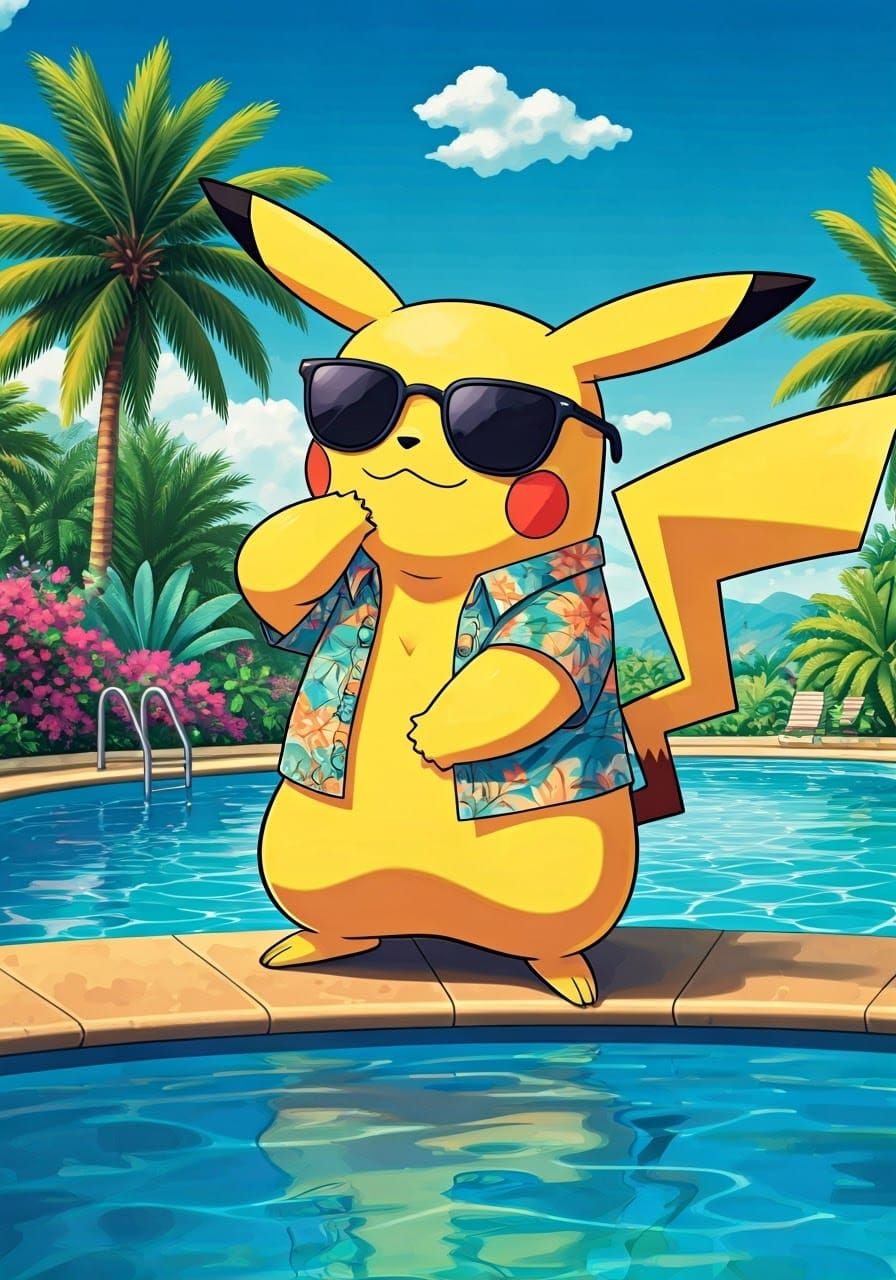 Pikachu in Vibrant Pop Art Poolside Scene