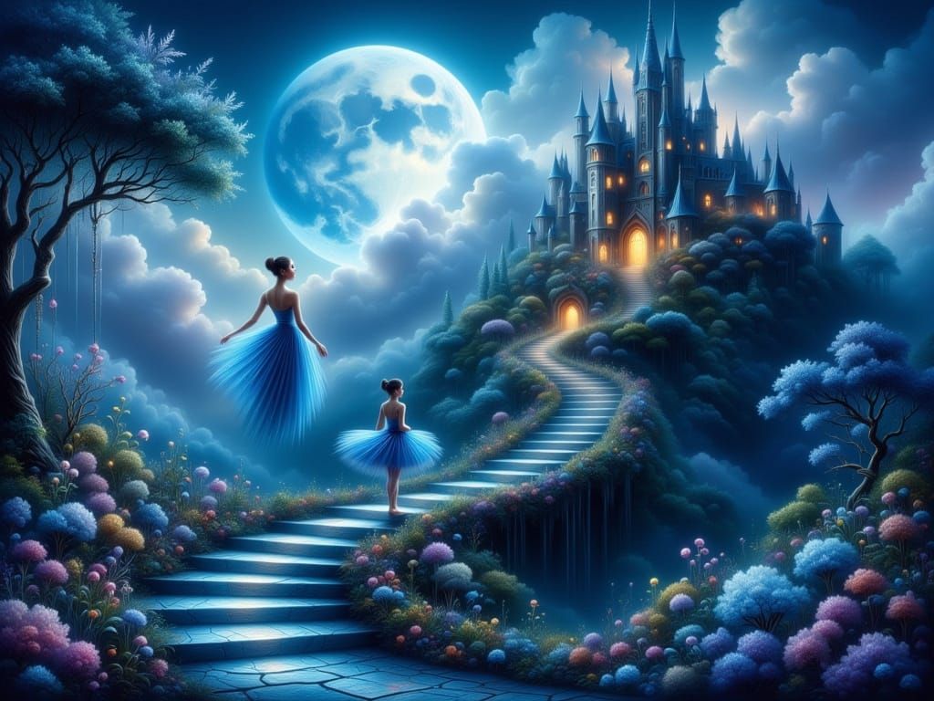 Ballerinas Ascend Mystical Staircase to Castle Under Full Mo...