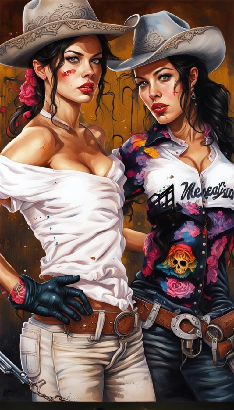 Mexican Cowgirl Gunslingers in Graffiti Splash Art