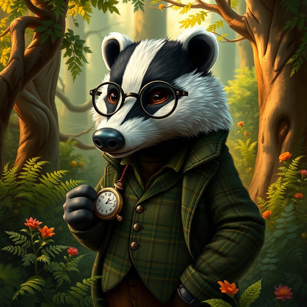 Anthropomorphic Badger in Forest, Whimsical Illustration