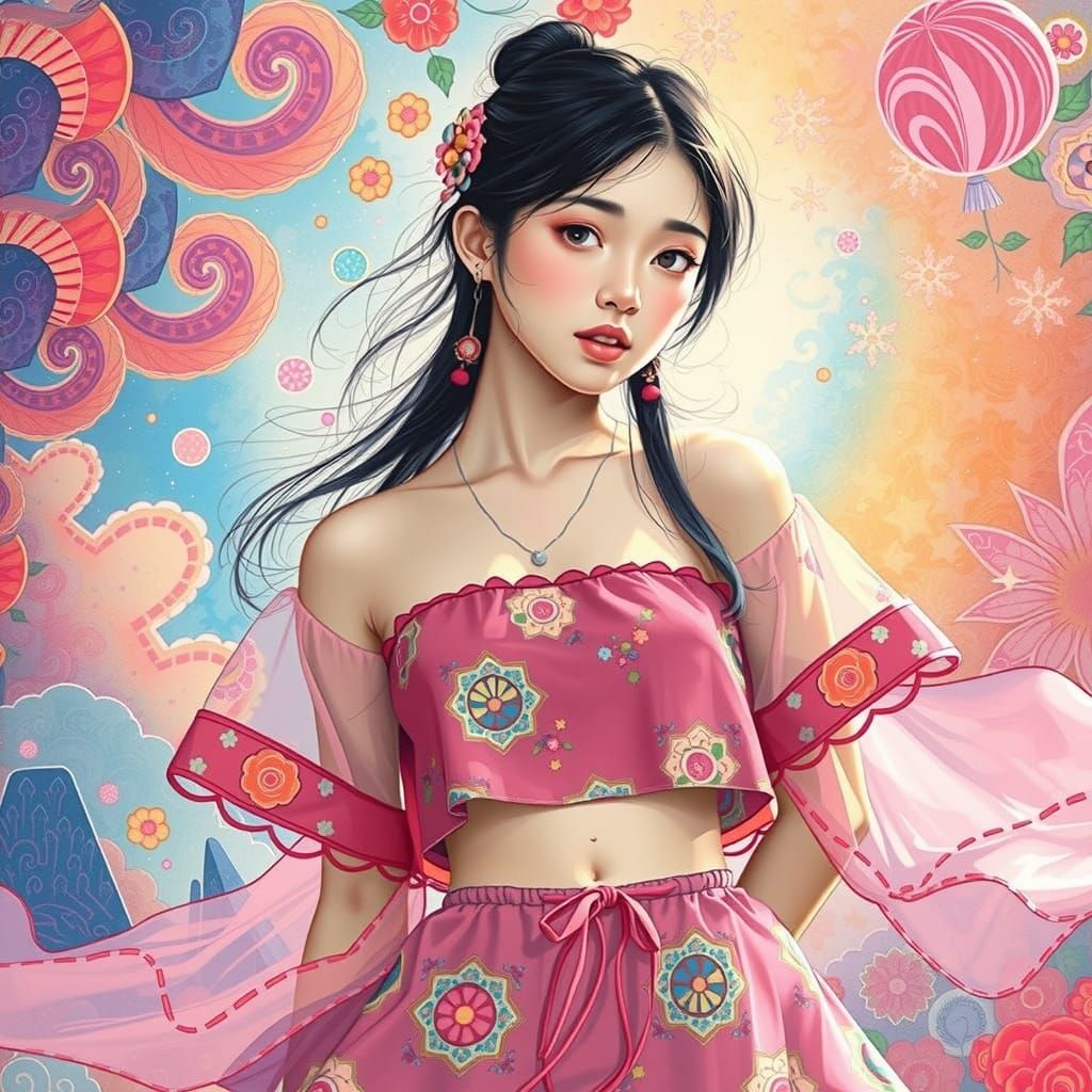 Korean Dreamgirl in Vibrant Psychedelic Dreamscape