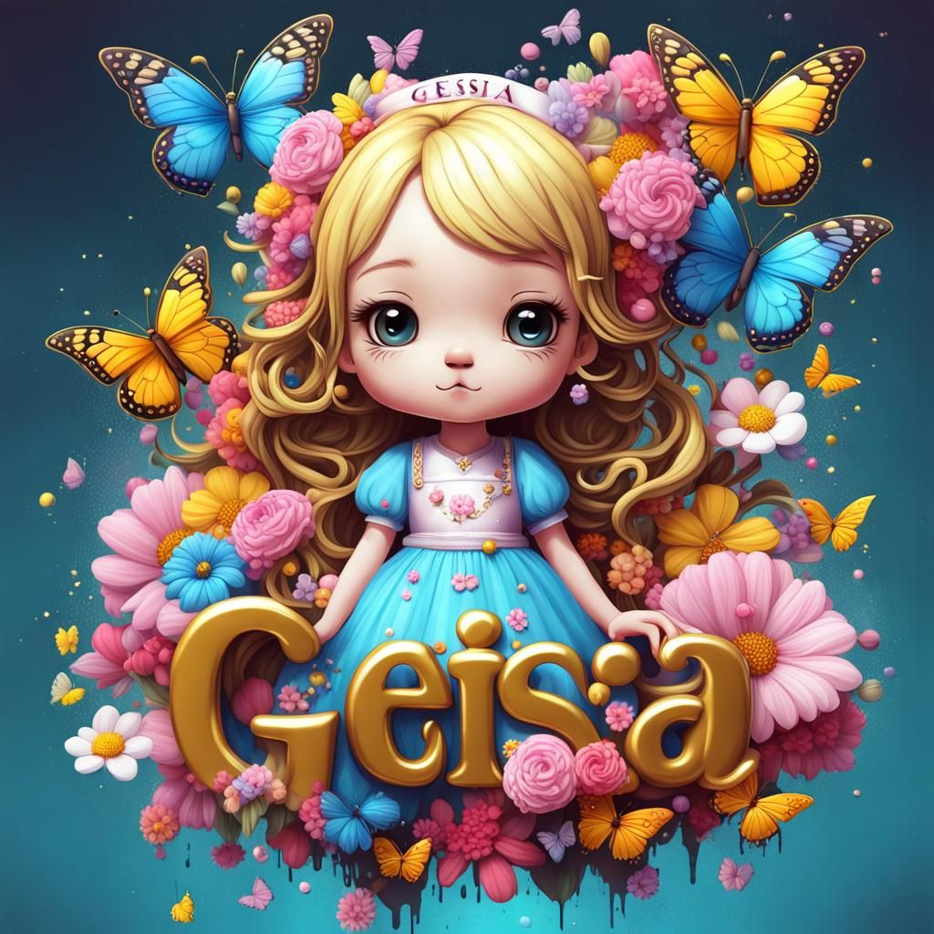 Kawaii Princess with 3D Gold Name in Graffiti Art