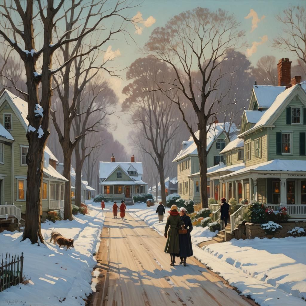 Winter Street Scene in Oil Painting Style