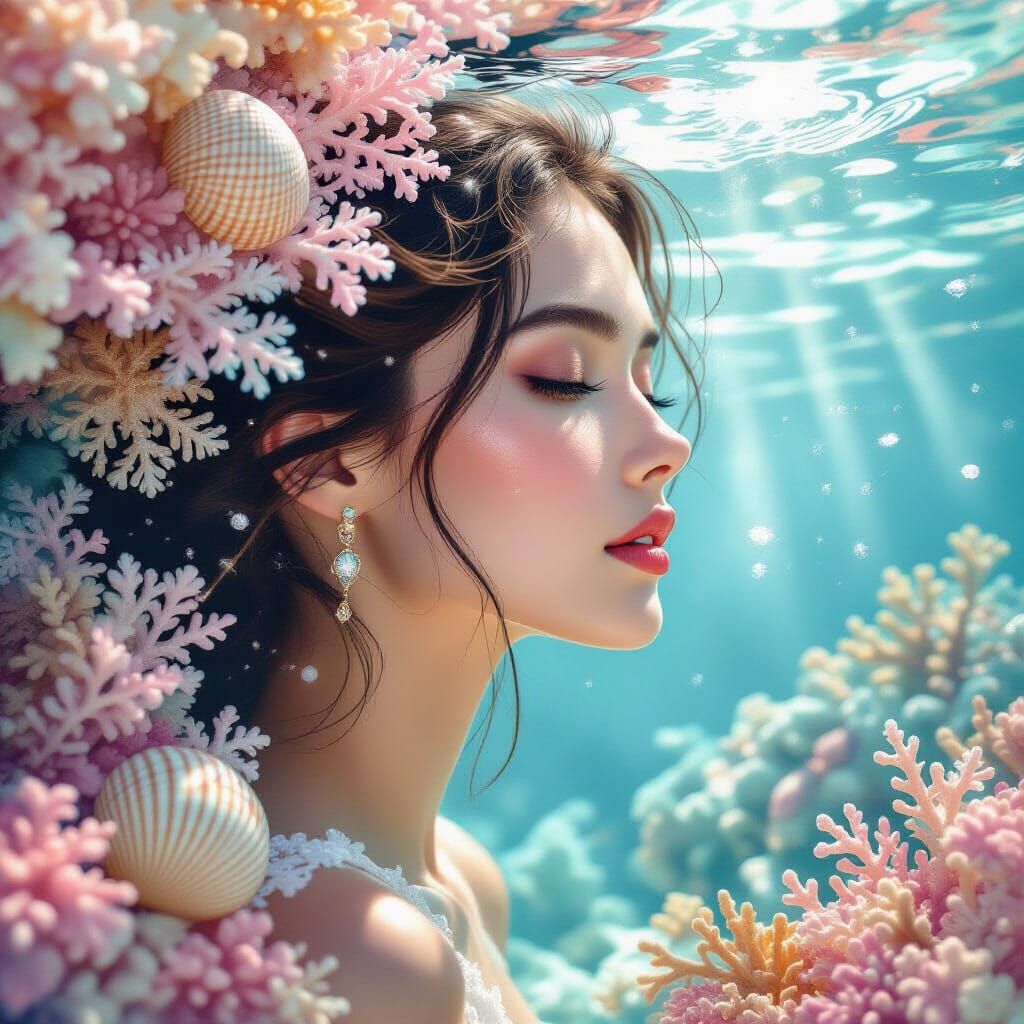 Ethereal Woman Dissolving into Underwater Dreamscape