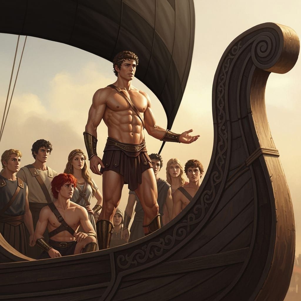 Ancient Greek Hero Theseus Addresses Young Crew on Ship