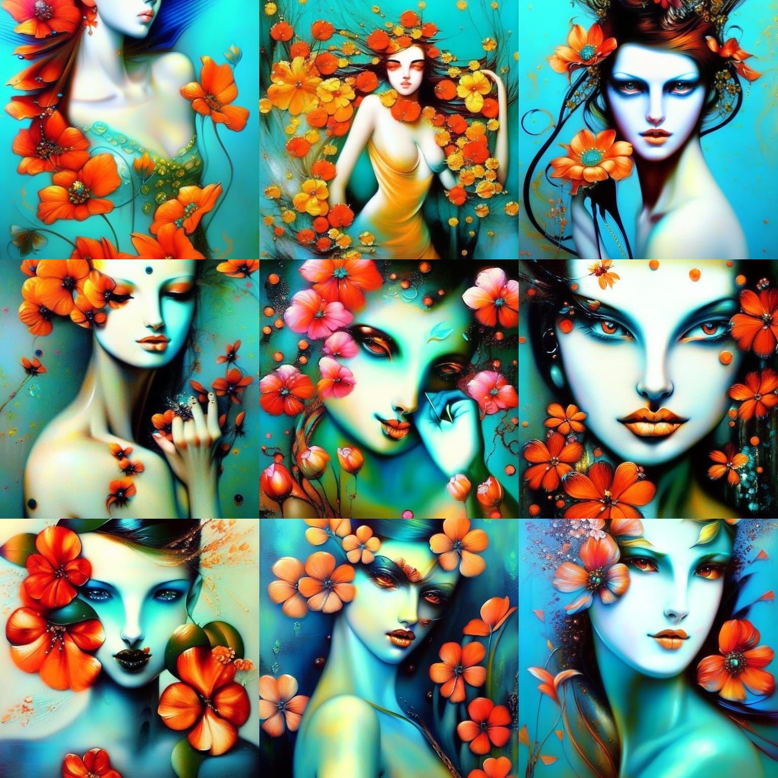 Beautiful Woman Portrait with Turquoise and Orange Flowers