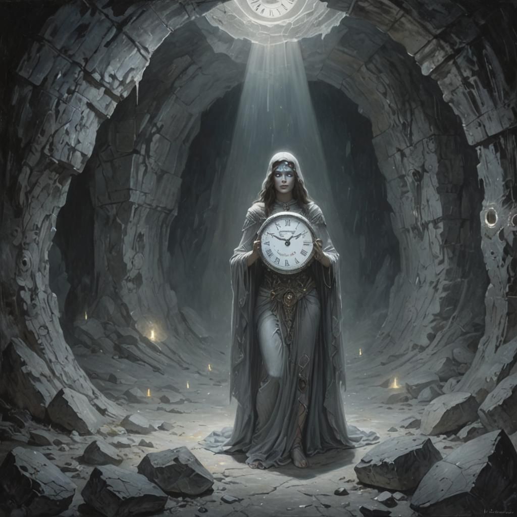 Fantasy Woman in Cave Holding Clock, Sinister Atmosphere