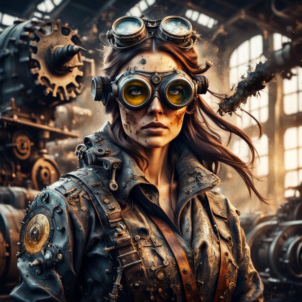 Steampunk Woman Fixing Engine with Oil Splatters