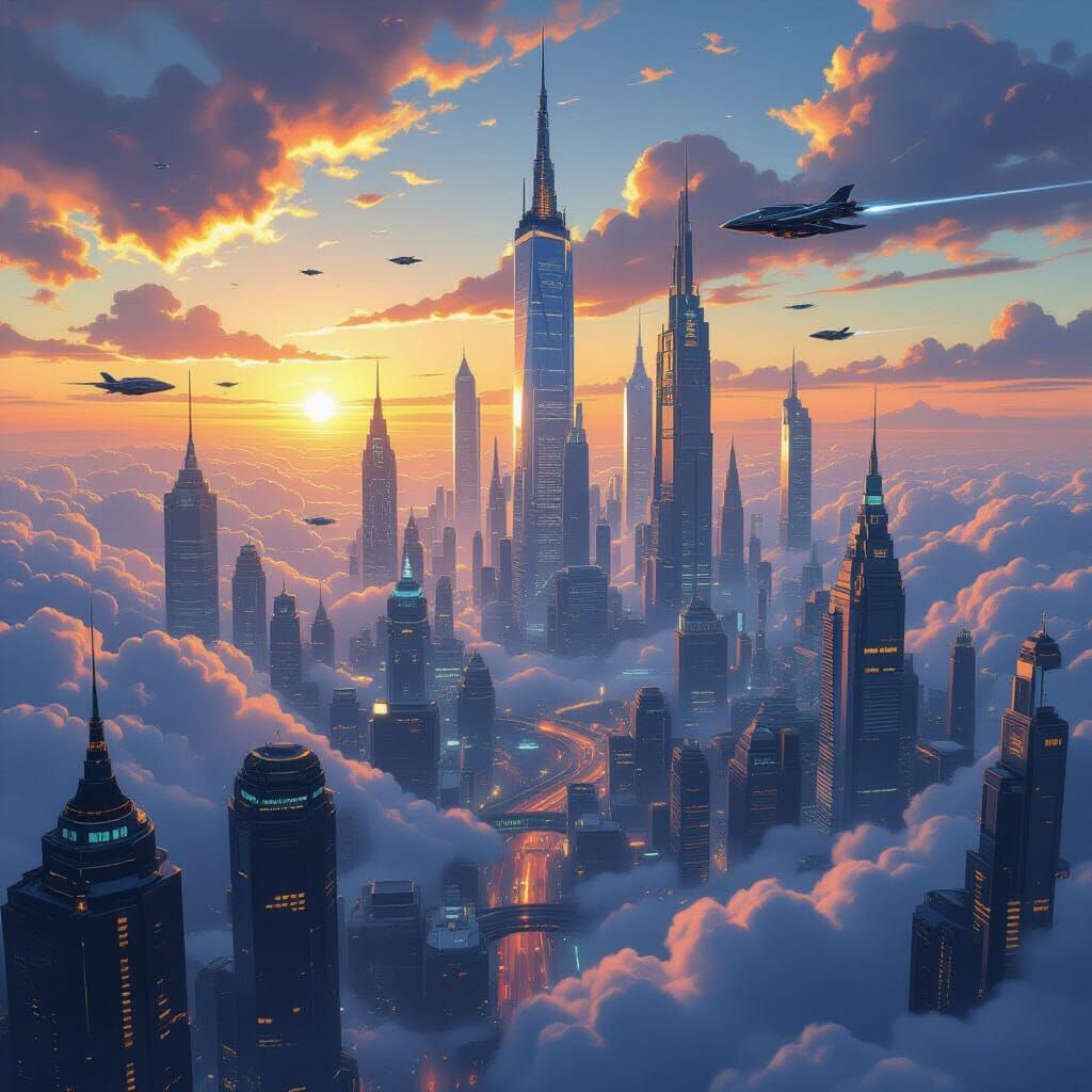 Futuristic Cityscape Ink Painting at Dawn