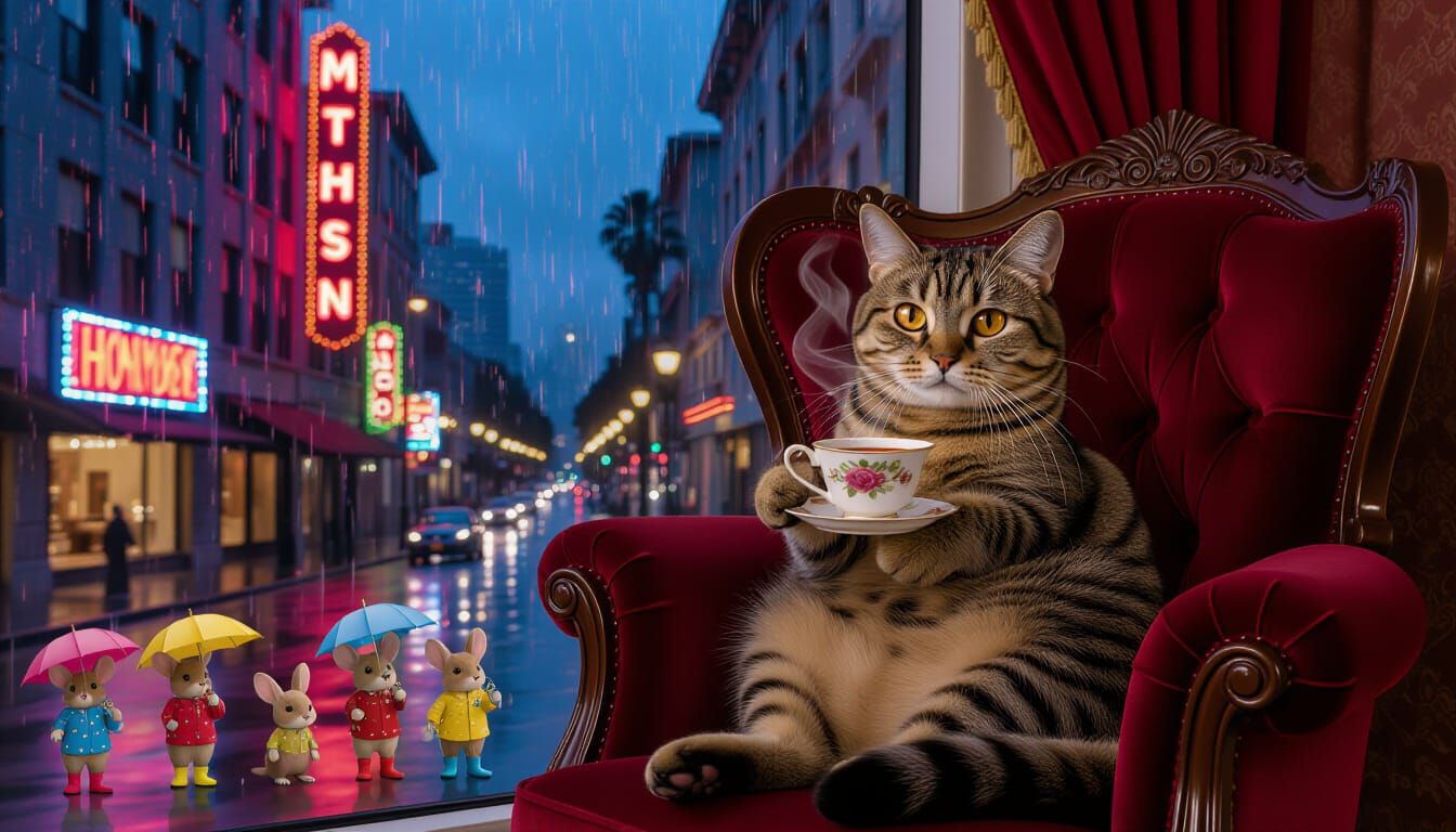 Cat in Hollywood Hotel Room with Teacup
