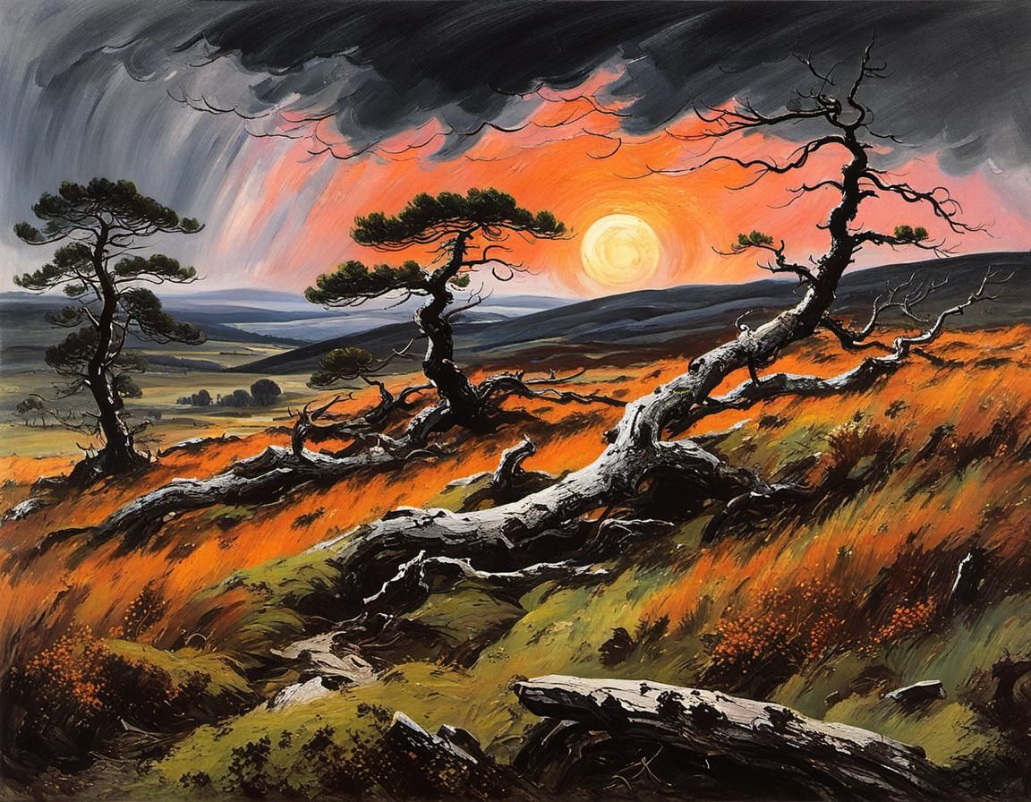 Gnarled Moorland Trees Before a Stormy Rain Shower in Muted ...