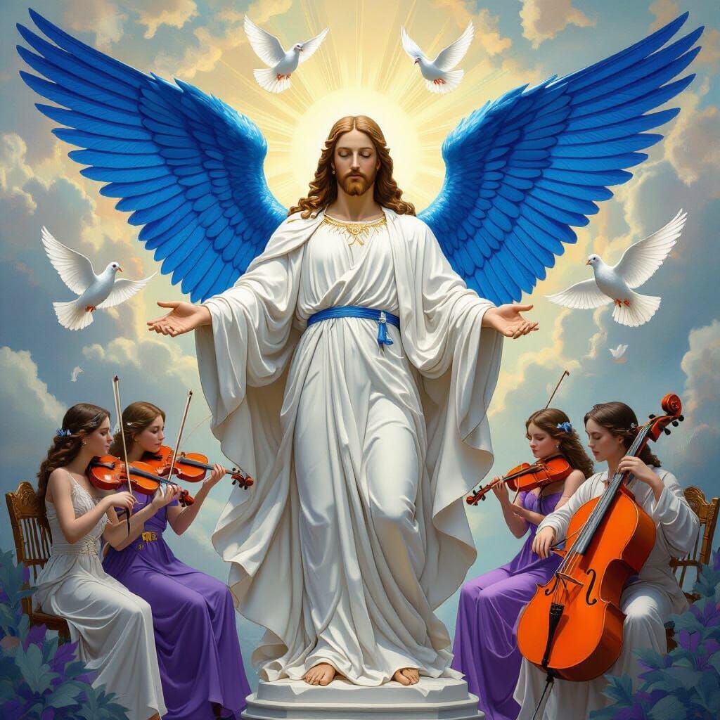 Christ Statue with Angel Wings and Dove Orchestra