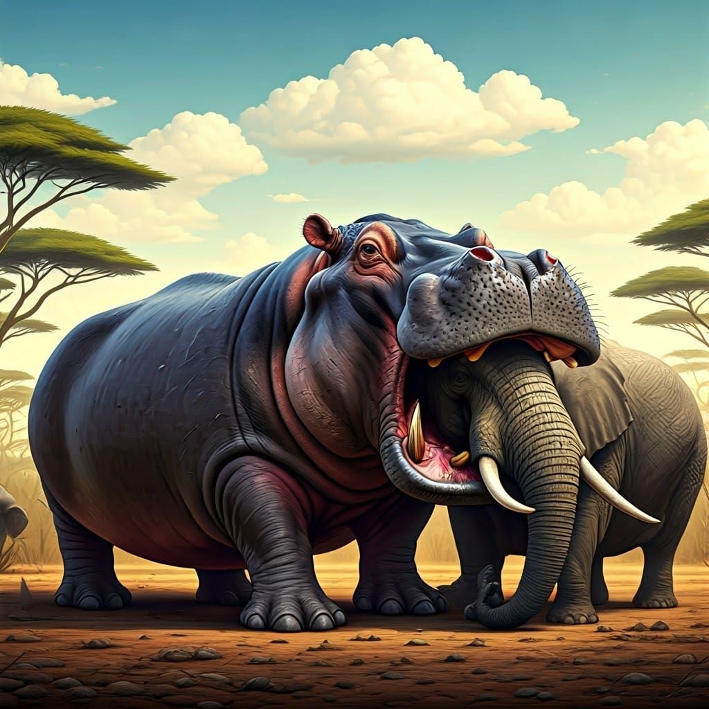 A Hippopotamus in Naive Art Style Devours a Lifeless Elephan...