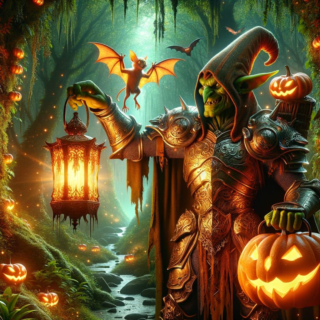 Luminous Goblin with Pumpkin Lantern in Magical Forest