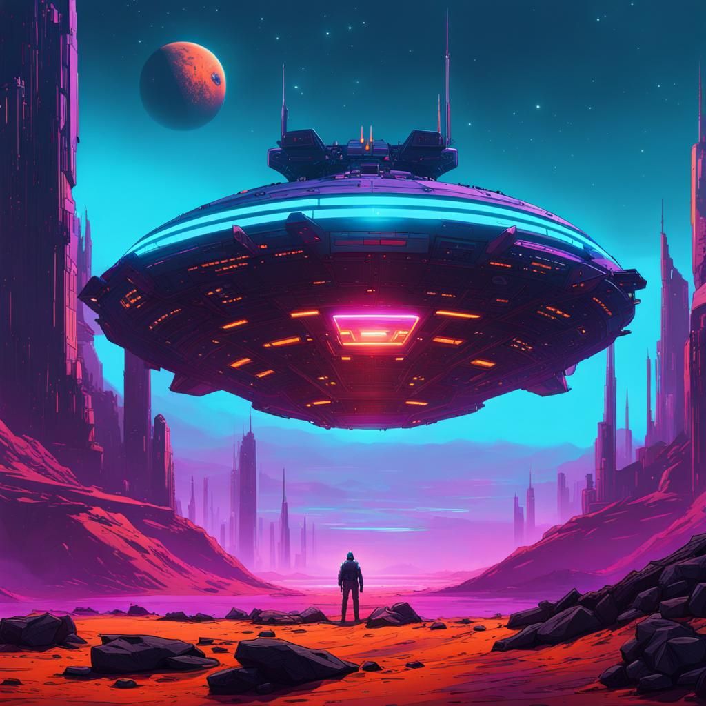 Spaceship Over Derelict Planet in Cyberpunk Style