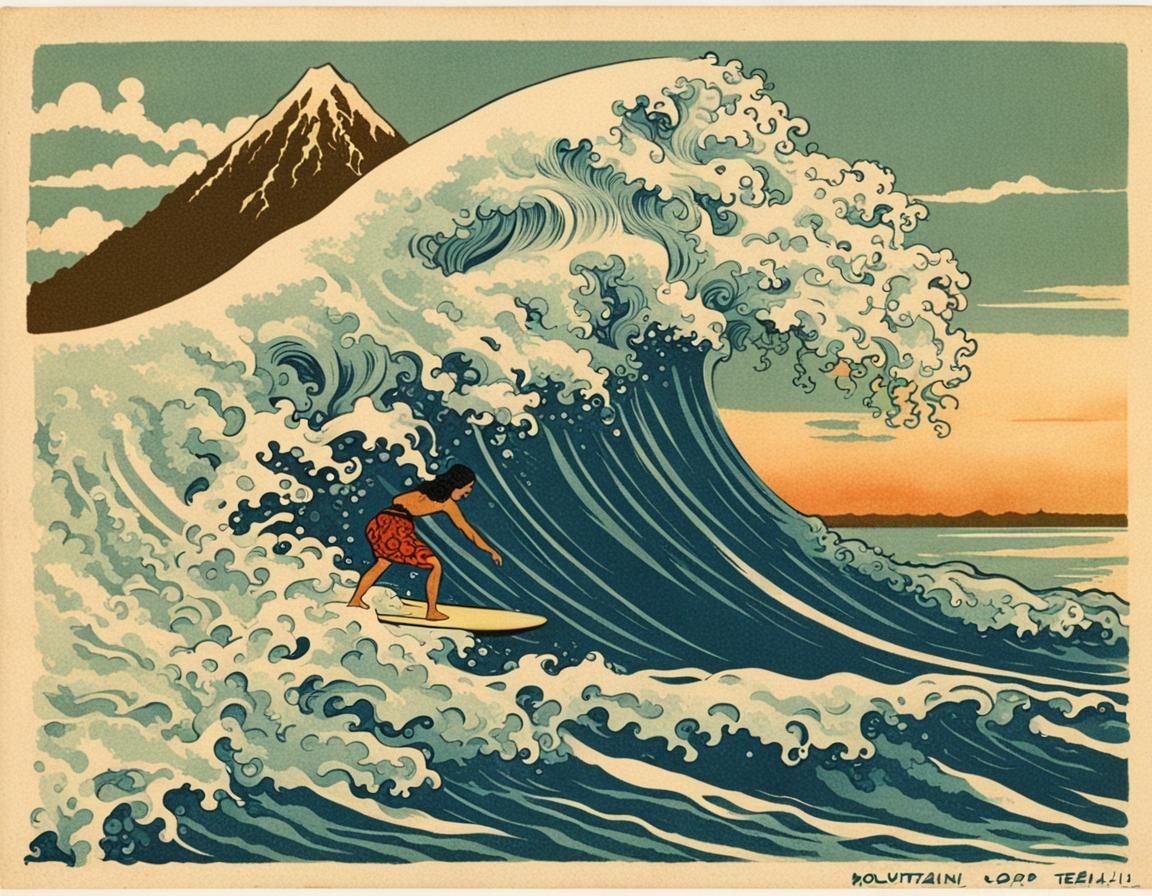 Polynesian Girl Surfing Hokusai Wave on Vintage Postcard