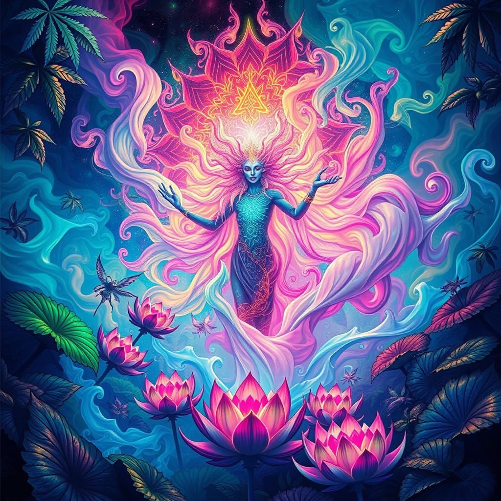 Ethereal Ganja Spirit in Vibrant Cosmic Landscape