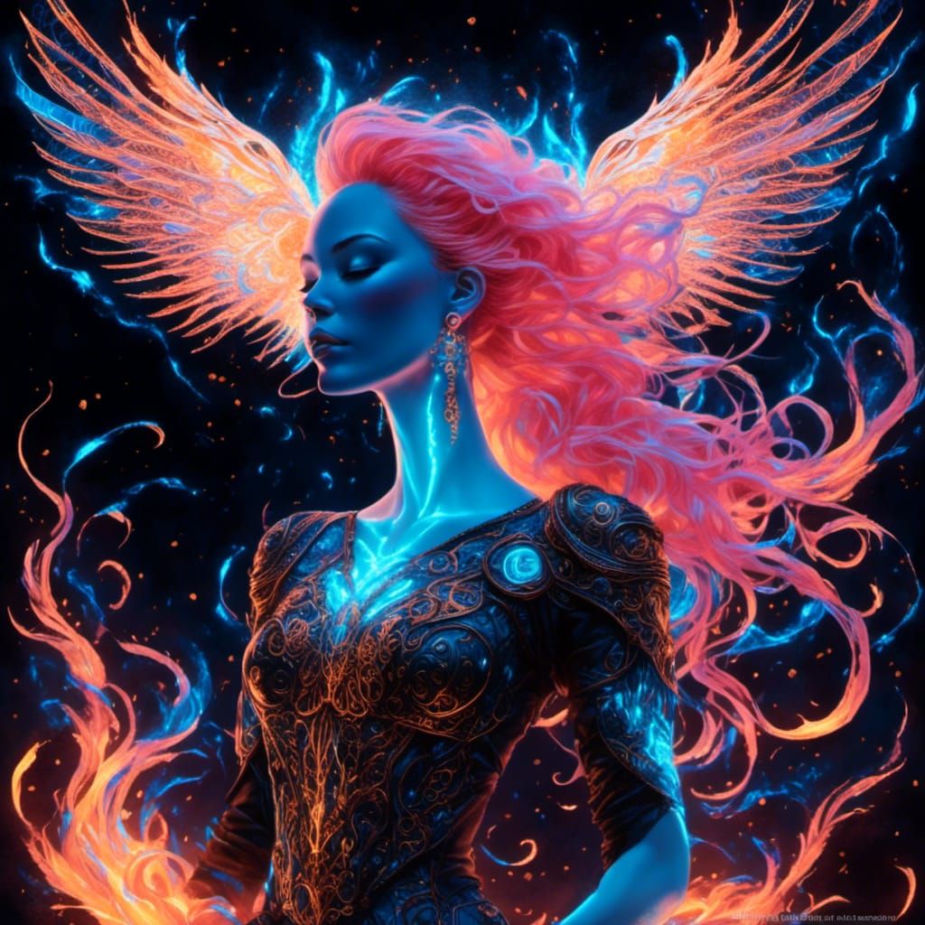 Neon Flame Haired Woman in Dark Fantasy Style
