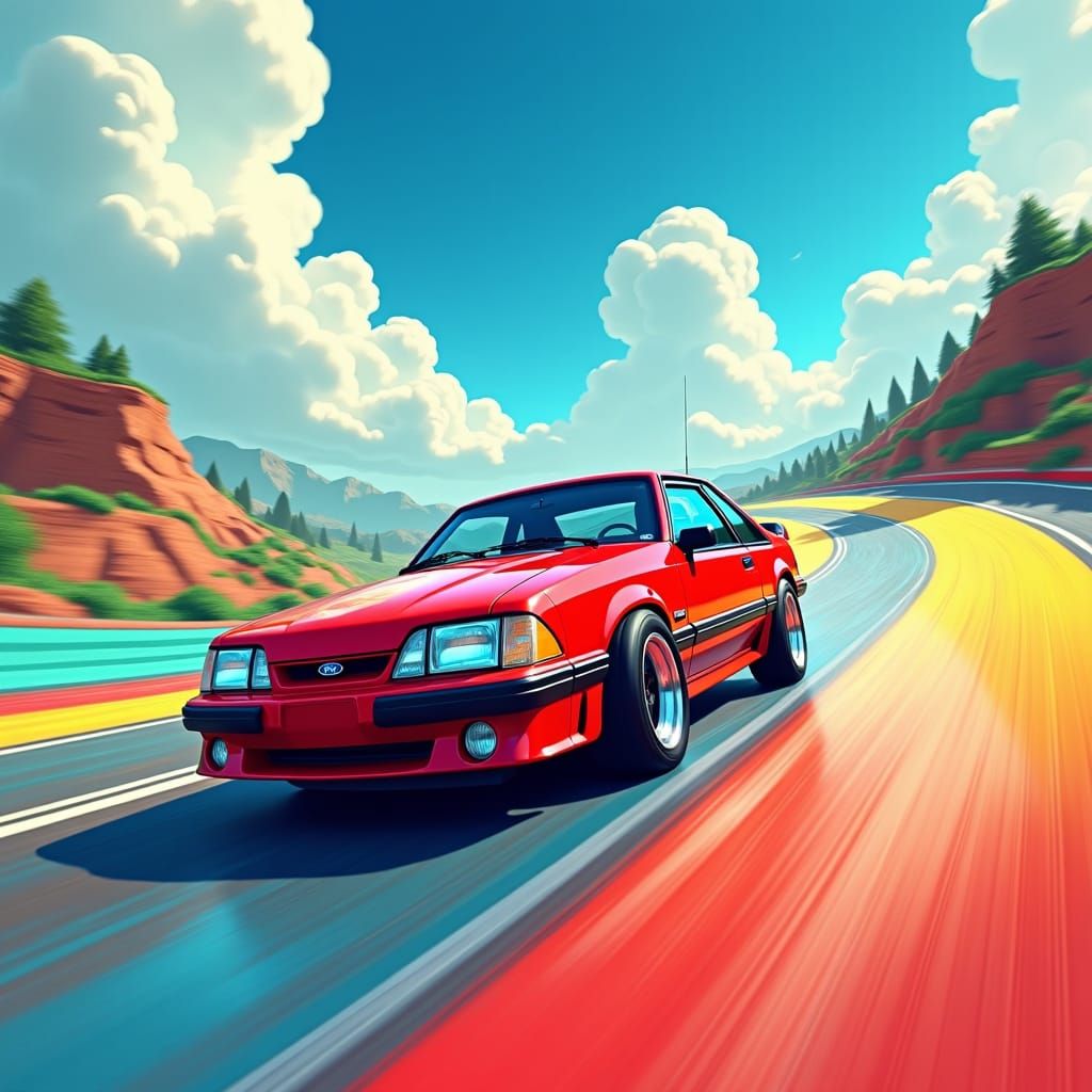 Ford Mustang on Rainbow Road: Digital Art