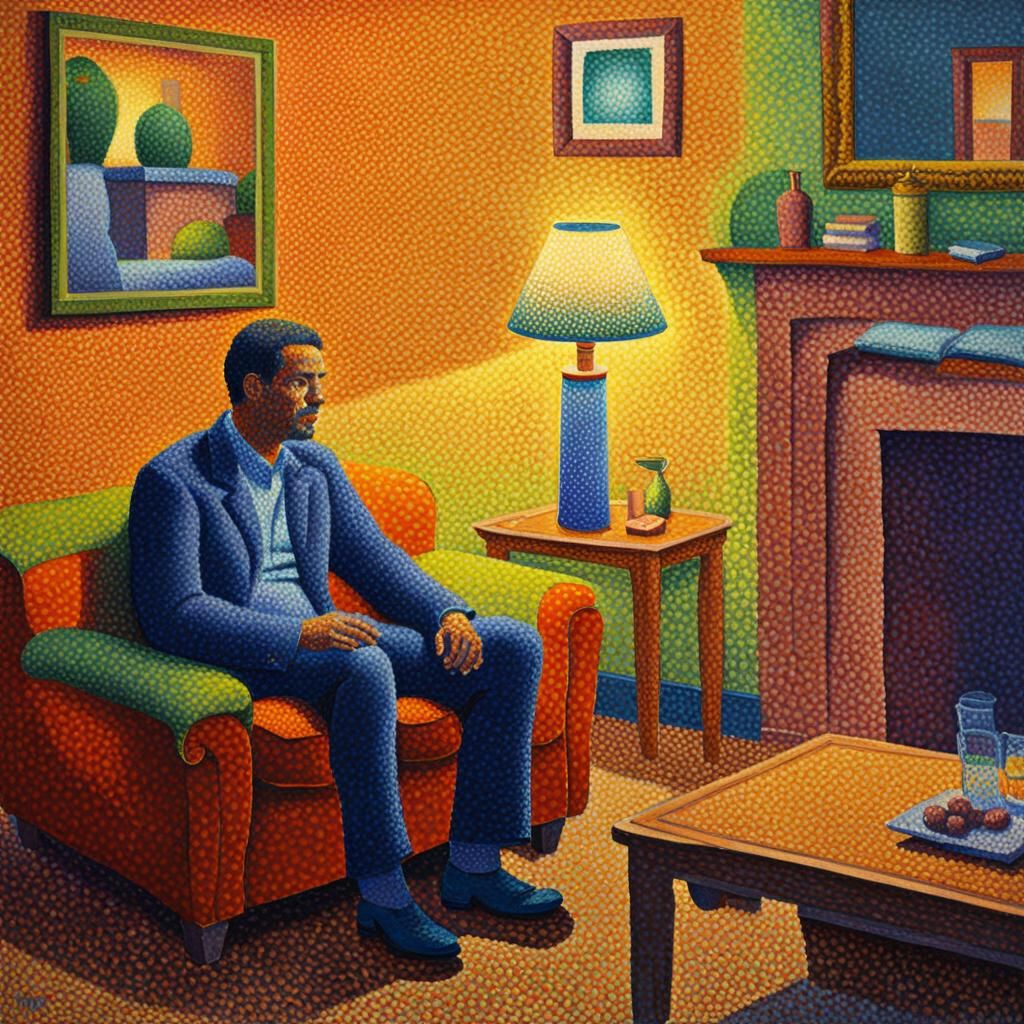 Colorful Pointillist Man in Living Room