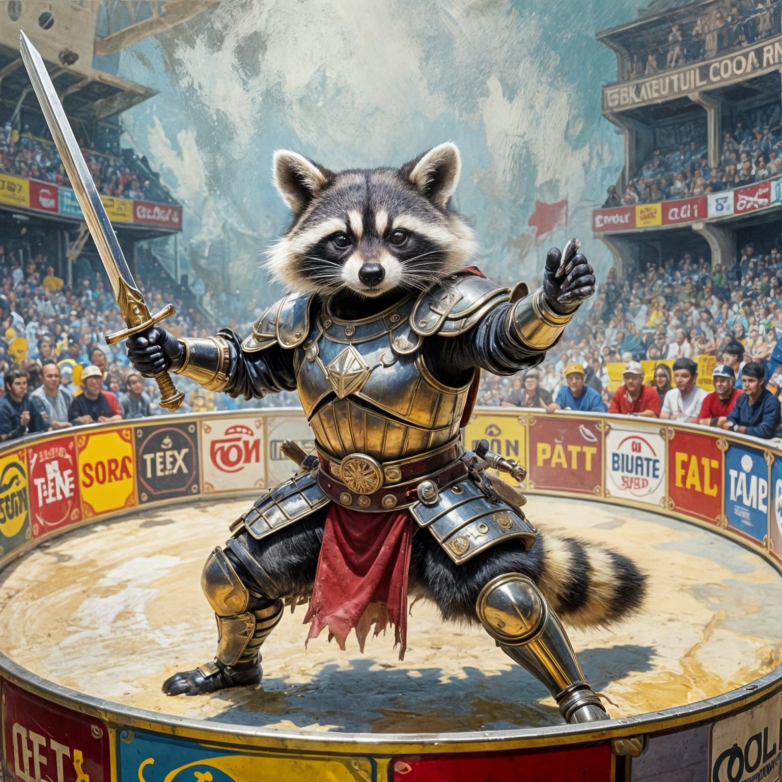 Gladiator Raccoon in Tuna Can Arena, Impressionistic Style
