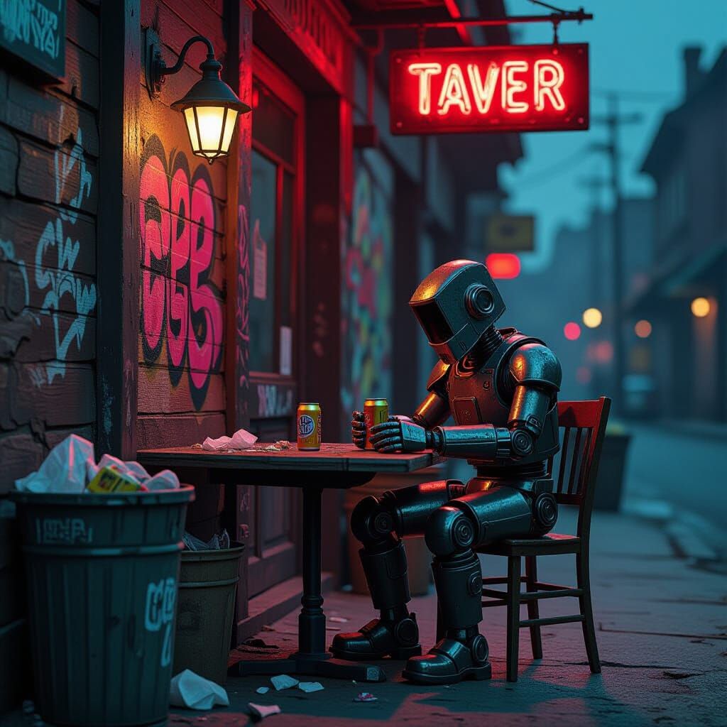 Robot at Tavern in Cinematic Matte Painting Style