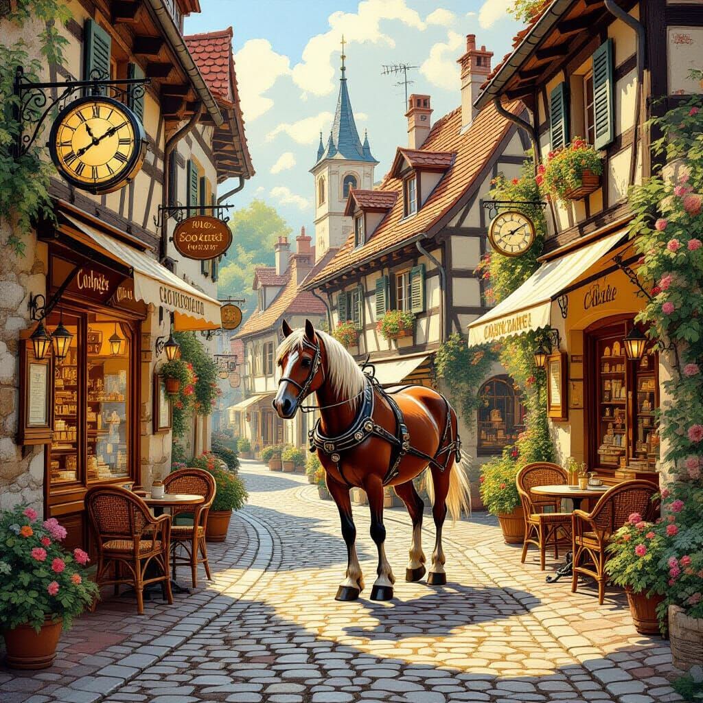 Clockwork Village Street Scene in Art Nouveau Style