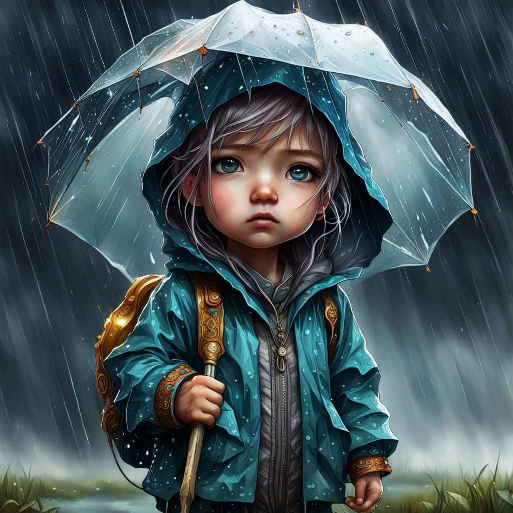 Chibi Character in Stormy Weather, Digital Art