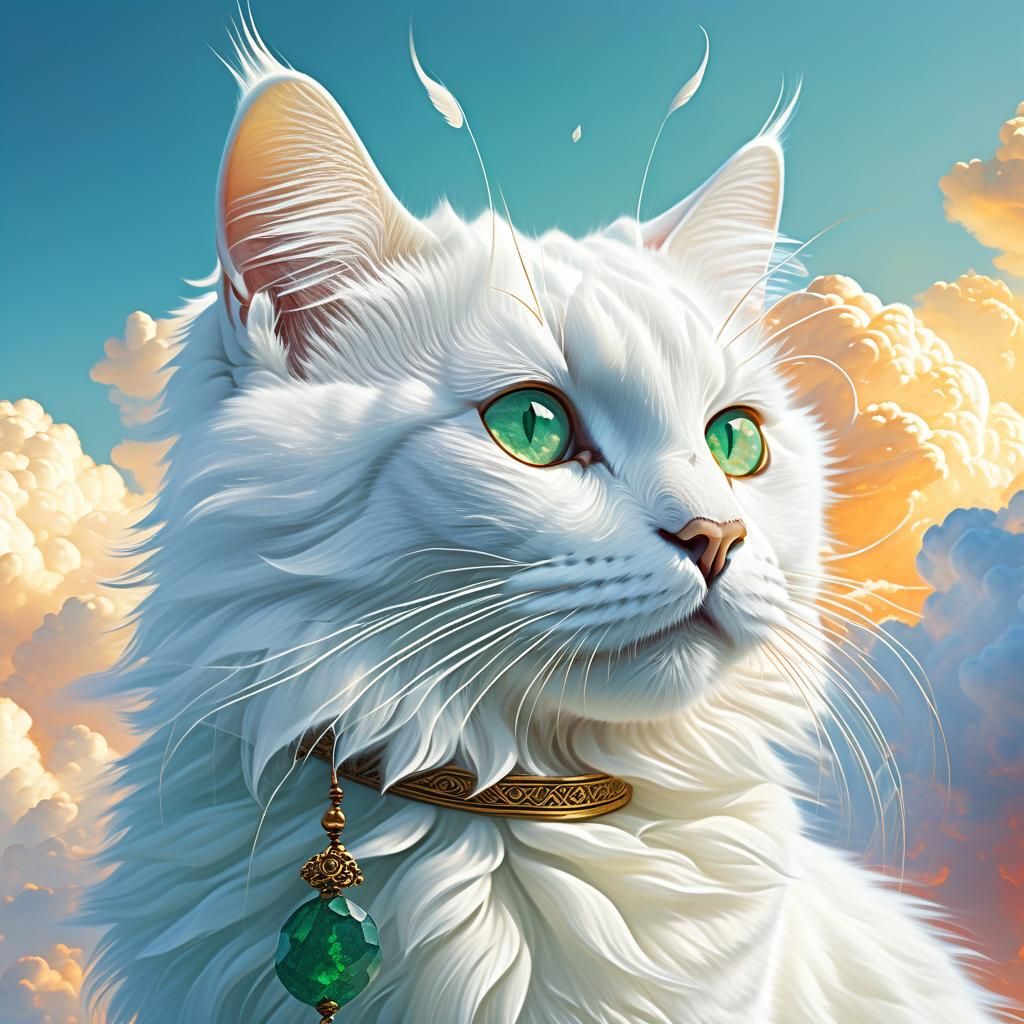 White Cat on Clouds: Surreal Fantasy Art