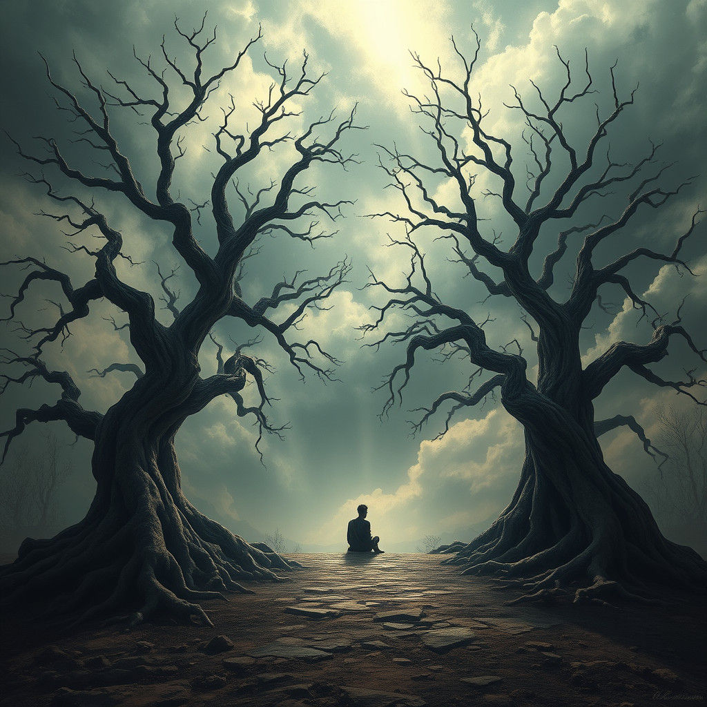 Contemplative Figure Between Sorrow and Liberation