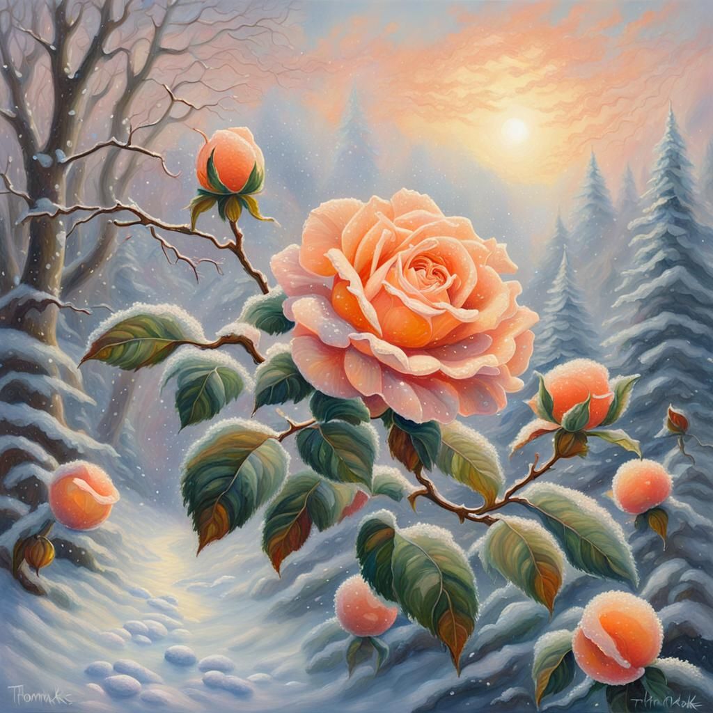 Winter Peach Rose Acrylic Painting with Prismatic Hues