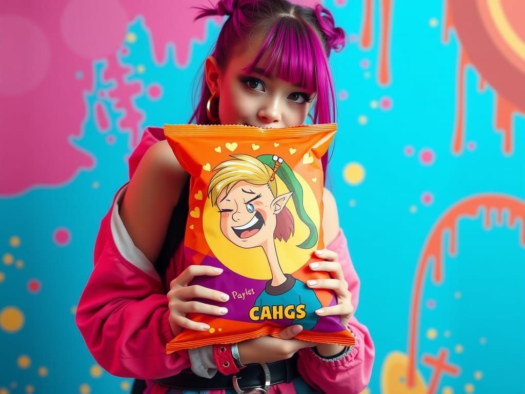 Model Holding Elf Food Packaging as Digital Art