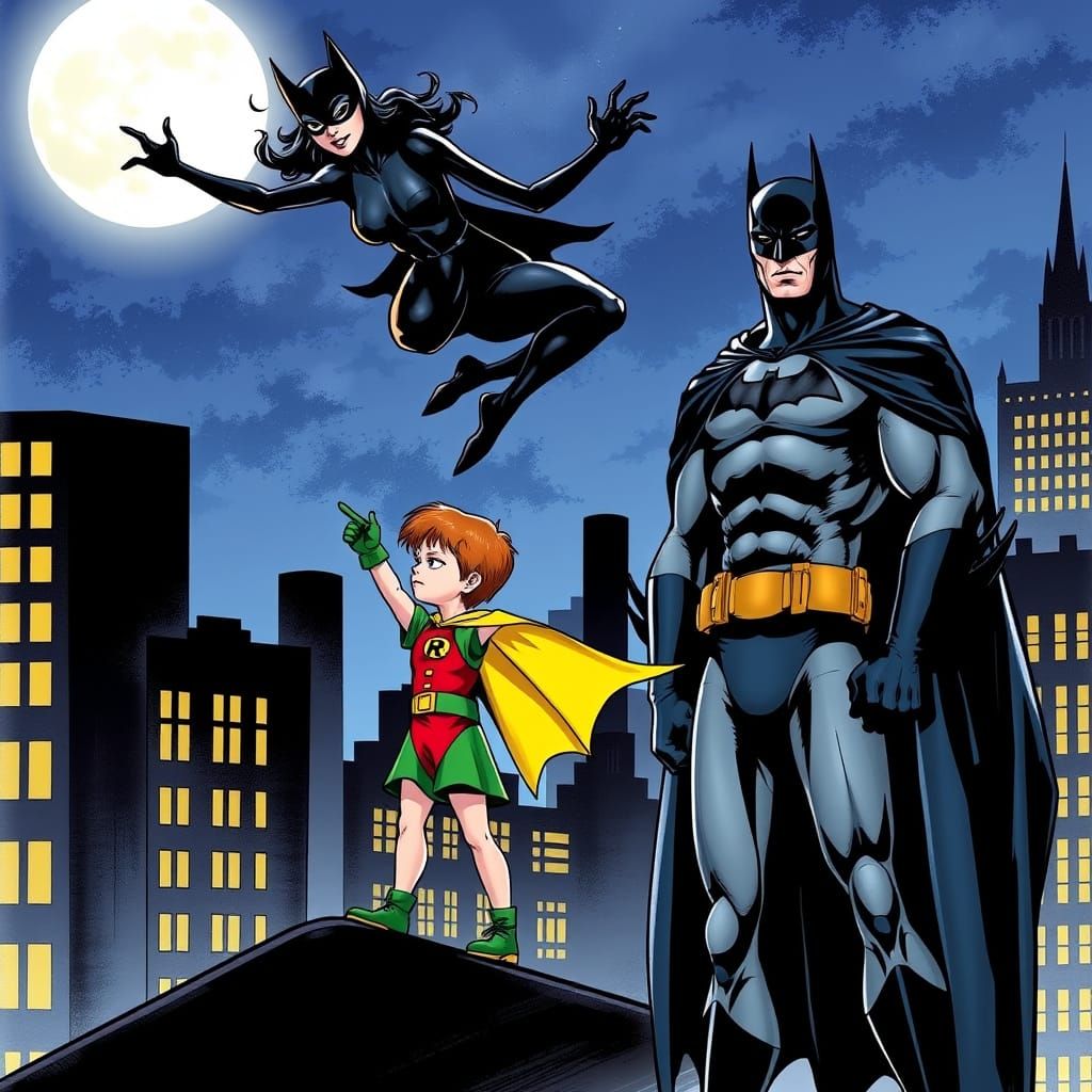 Gotham City: Catwoman, Batman, and Robin in Comic Style