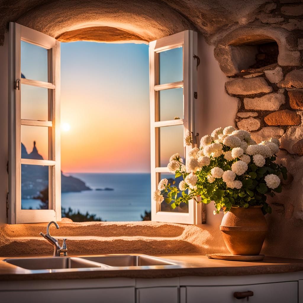 Italian Trullo Kitchen with Sunset Sea View