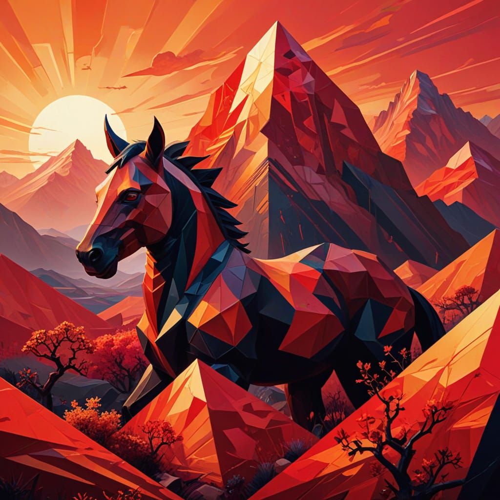 Fiery Surreal Landscape in Geometric Fauvism Style