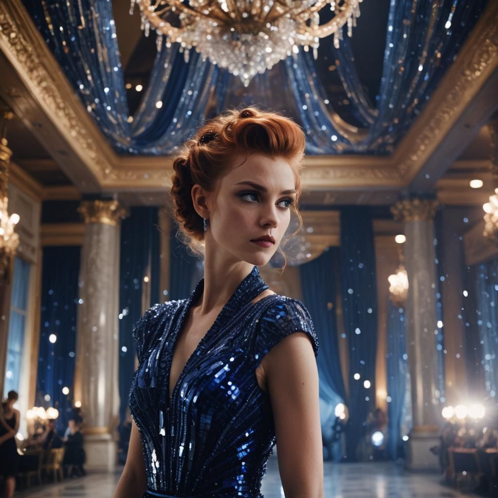 Woman in Crystal Dress in Grand Ballroom