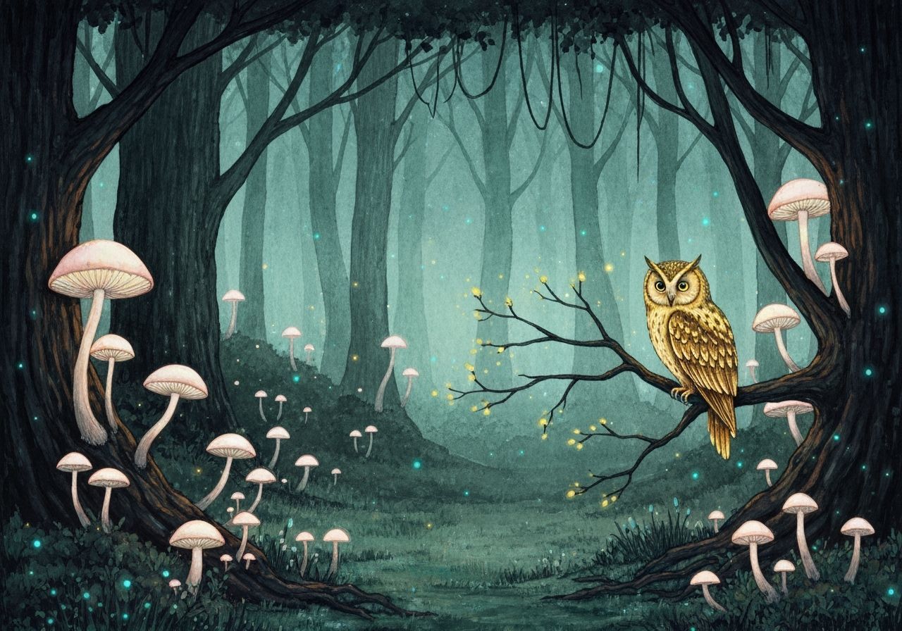 Glowing Mushroom Forest with Golden Owl