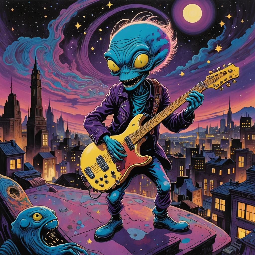 Punk Rock Alien Serenade Under Psychedelic Starry Night