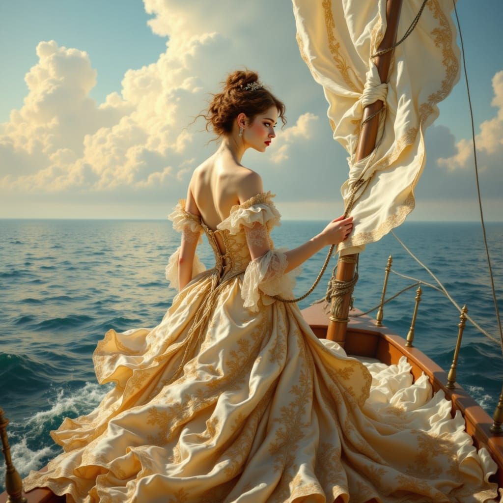 Woman in Rococo Dress Stands on Sailboat's Bow, Gazing at Me...