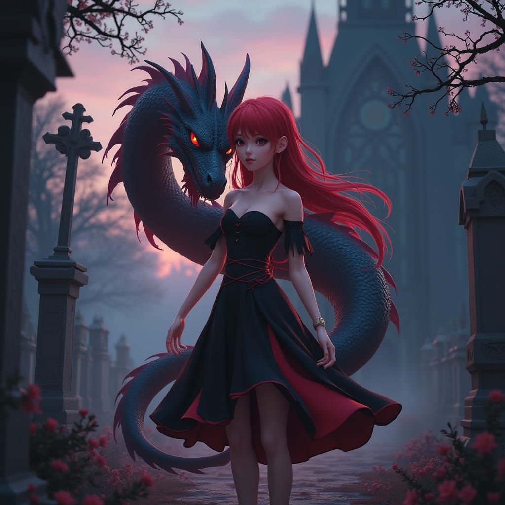 Vibrant Anime Heroine Stands Beside Majestic Pet Dragon in G...