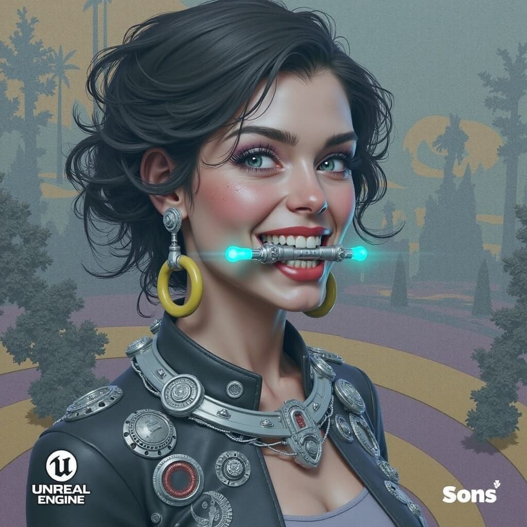 Fantasy Woman with Sonic Device in Metallic Cyberpunk Landsc...