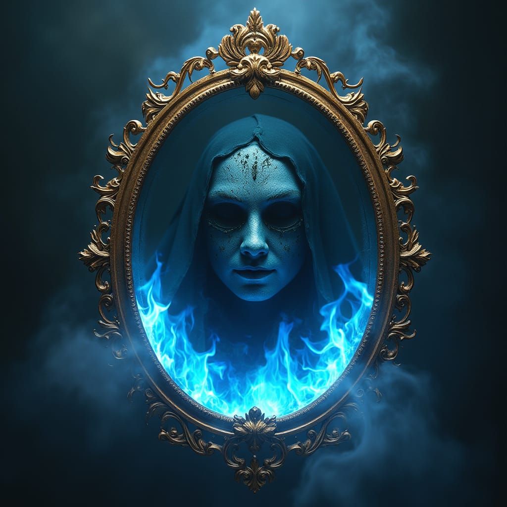 Ancient Magic Mirror with Haunting Reflected Figure
