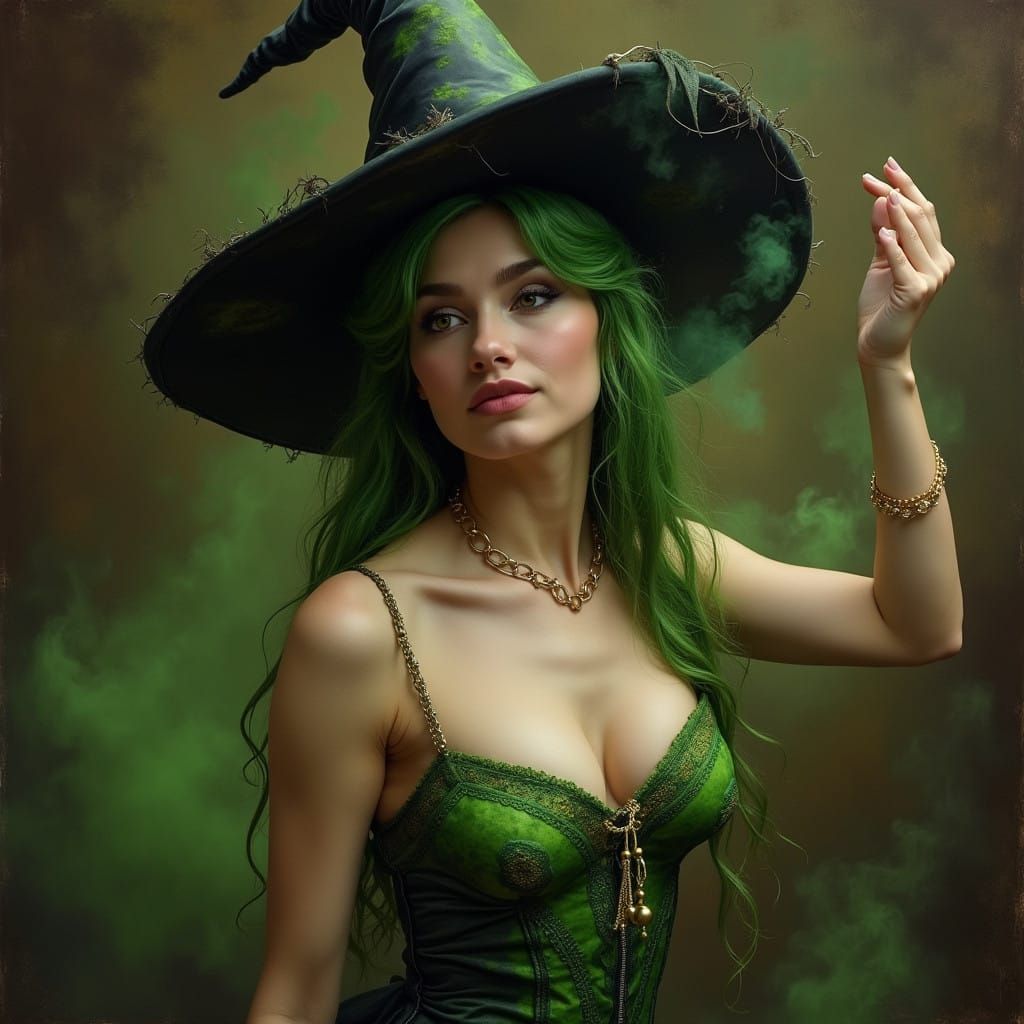 Sensual Green-Haired Witch in Classical Style
