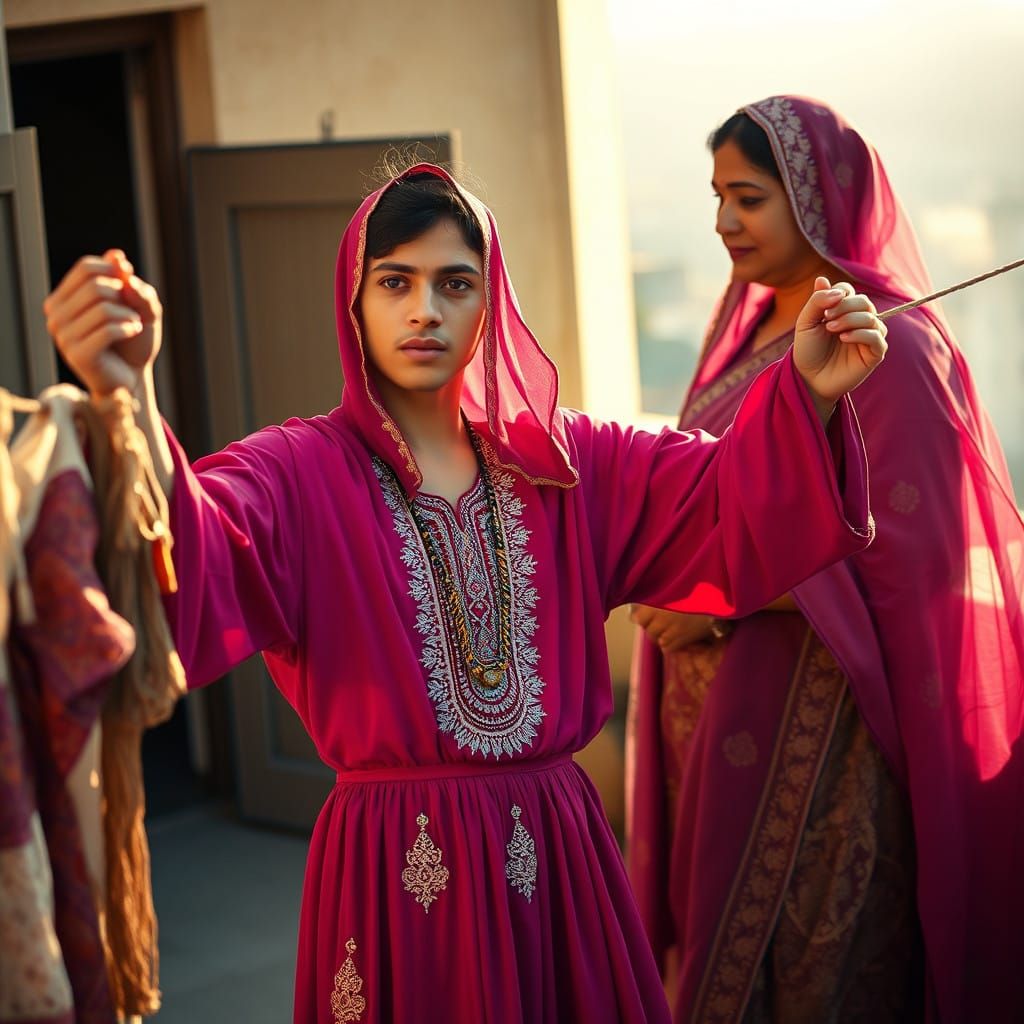 Young Man in Elegant Magenta Dress, Chador, and Ornate Neckl...