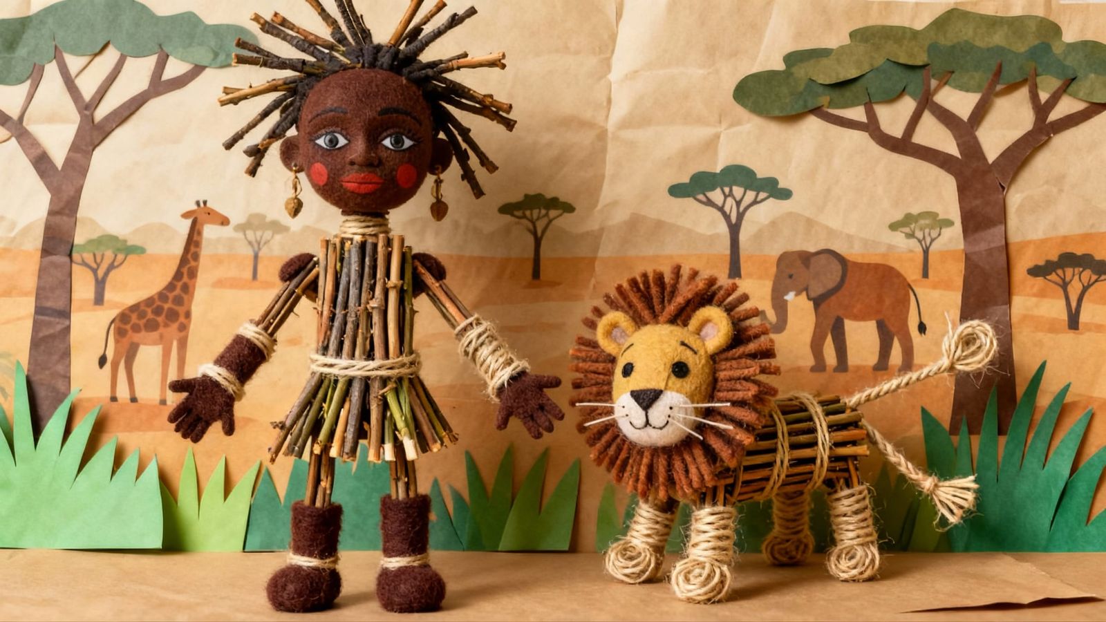 Primitive Twig Doll and Lion Toy in Jungle Setting